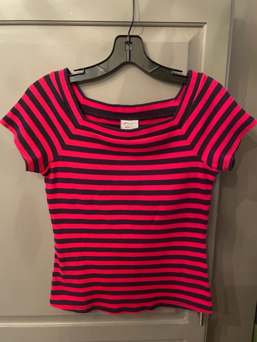 Anthropologie Red and Black Striped Short Sleeve Tee